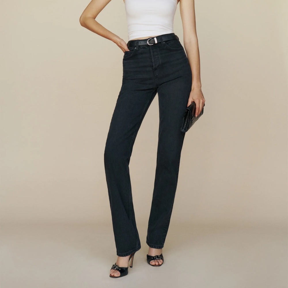 Reformation Cynthia High Rise Straight Long Jeans in Washed Black - Size 30